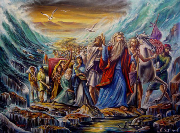 Tranh vẽ minh họa cảnh Moses đang dẫn dắt đoàn người Do Thái vượt biển Giả thuyết về việc "Mose tách nước ở biển Đỏ cứu dân Do Thái"