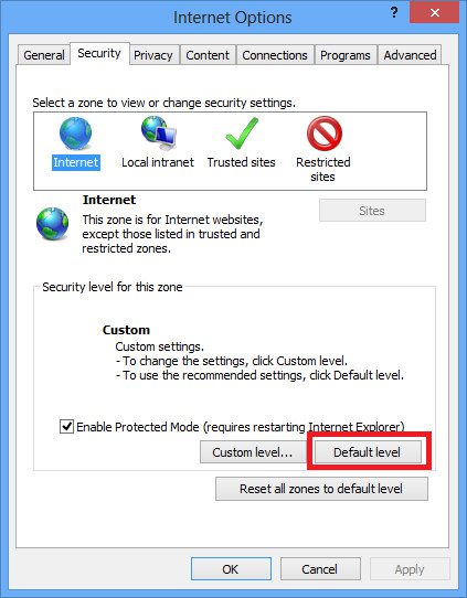 Internet Options –> chọn thẻ Security –>Default Level –> OK. Internet Options –> chọn thẻ Security –>Default Level –> OK.