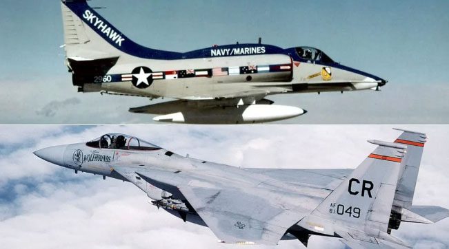 tiem-kich-f-15-1 A-4 Skyhawk (trên) và F-15 (dưới).