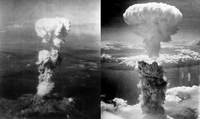 dam-may-nam-tu-bom-nguyen-tu Đám mây nấm từ bom nguyên tử trên bầu trời Hiroshima (trái) và Nagasaki (phải).