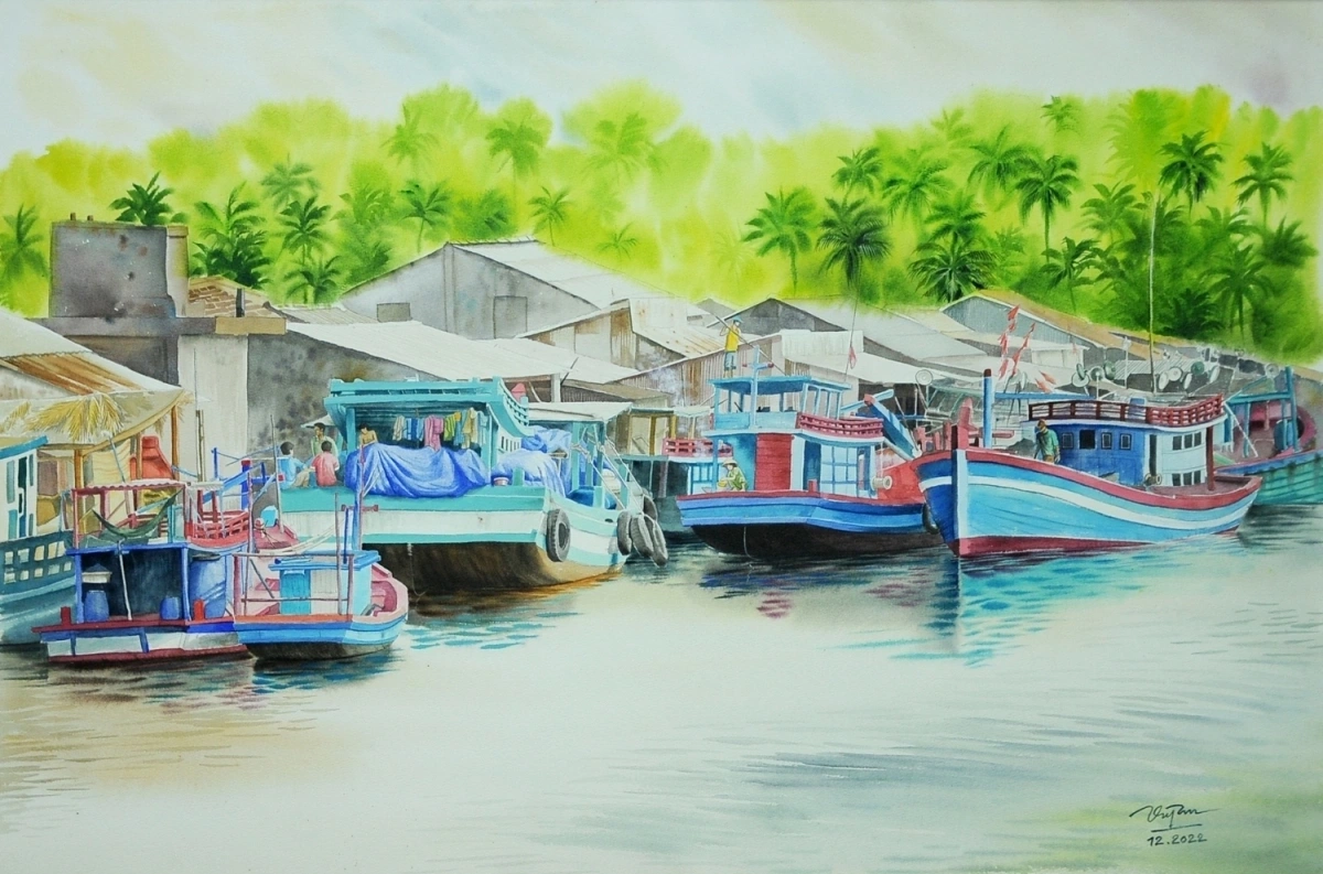 Làng quê yên bình qua tranh màu nước